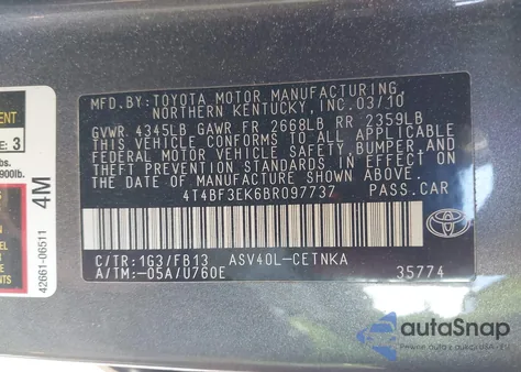 2011 Toyota Camry Le из США, поврежденный, VIN 4T4BF3EK6BR097737